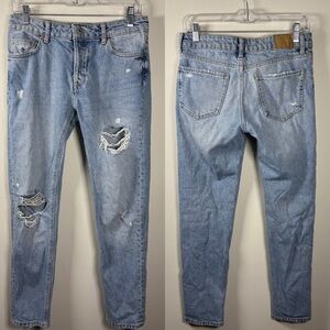 Bershka Slim Boyfriend Light Wash Distressed Jeans Size 2